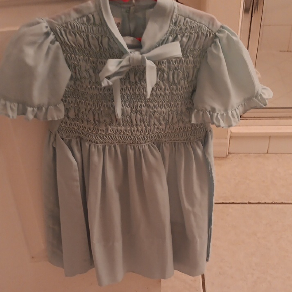 Light Blue Smocked Bow-Front Casual Kids Dress